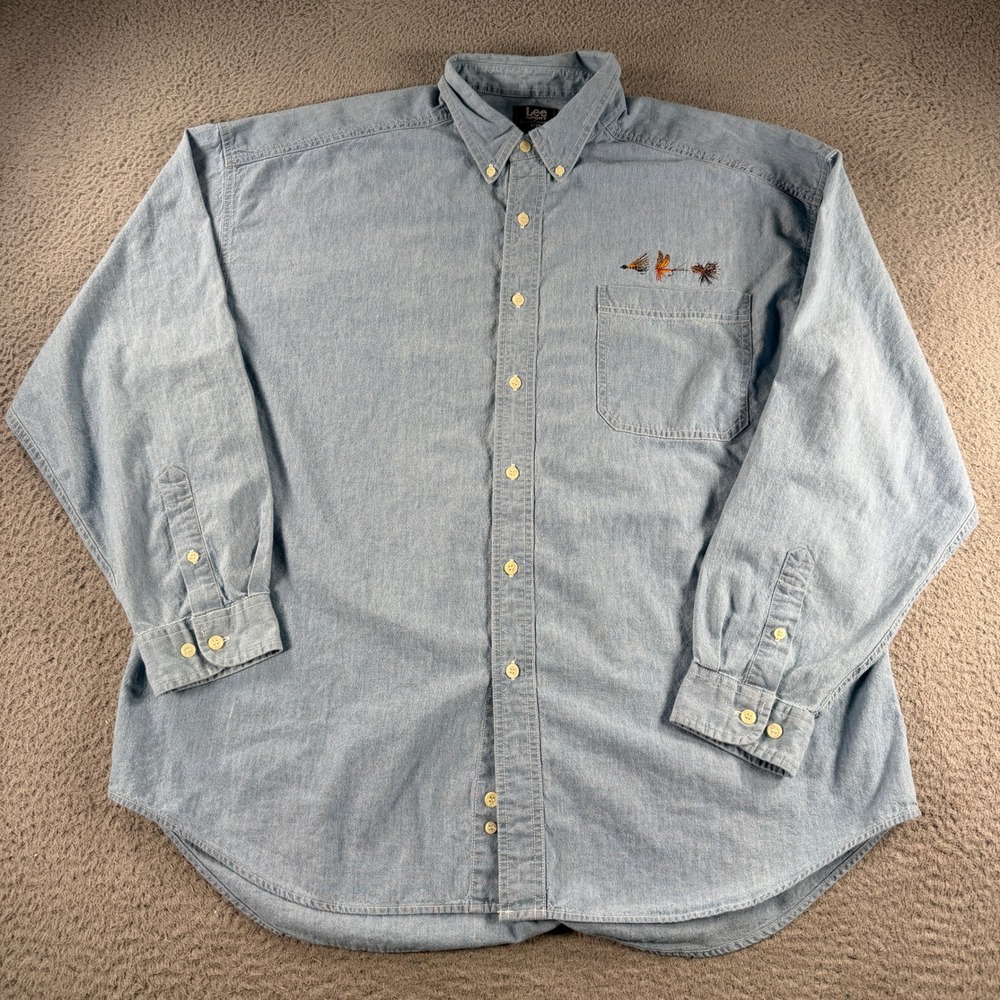 VTG Lee Sport Denim Shirt Mens XL Blue Fly Fishing Lure Button Down Nutmeg Mills